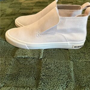 $110. SeeVees  Suede High-Top Slip-On Sneakers in Pale grey and White